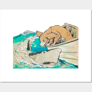 dog from a boat barks at shark vintage retro Posters and Art